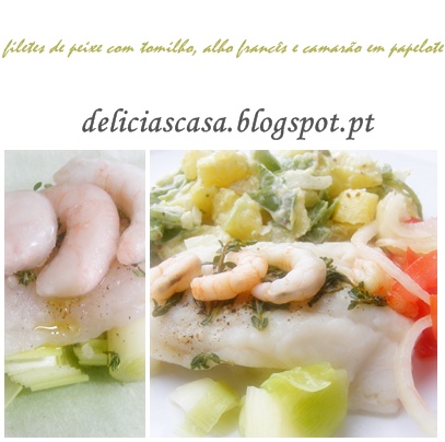 Filetes de peixe com tomilho, alho francês e camarão e uma salada de batata