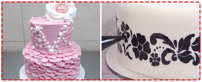 Decoração de bolo com bico de confeitar e decoração usando stencil