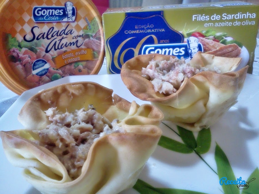 Cestinha de Pastel com Salada de atum e Filés de Sardinha Gomes da Costa